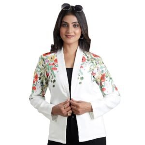 FAB CURATE with tagline CURATE YOUR OWN FABRIC Fabcurate Floral Printed Jacket for Women White| Shawl Collar Neck | Full Sleeves Jacket for Ladies | Casual Wear | Fashionable for Party…