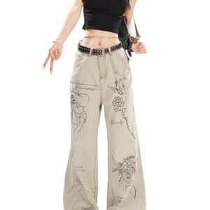 ENIGMA-LUXURY Hand-Drawn Abstract Jeans for Women | Stylish Artistic Denim Pants | Trendy High-Waisted Casual Jeans | Unique Printed Streetwear