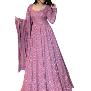 Pristiq Womens Sequence with Thread Embroidery Georgette Maxi Dress Ethnic Wear Comfortable Round Neck Gown with Dupatta Pair (S_A_E_56270)