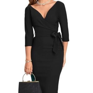 MUXXN Womens Little Black Wrap Collar High Stretch Winter Evening Party Dress (Black M)