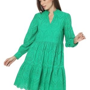 VERO MODA Women Solid Cotton Above Knee Green Fit & Flare Dress
